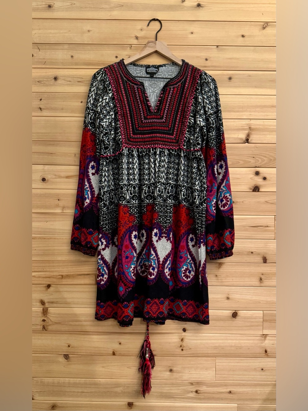 Angie Large Bohemian Long Sleeve Belted Notch Neckline Mini Dress Fall Biho